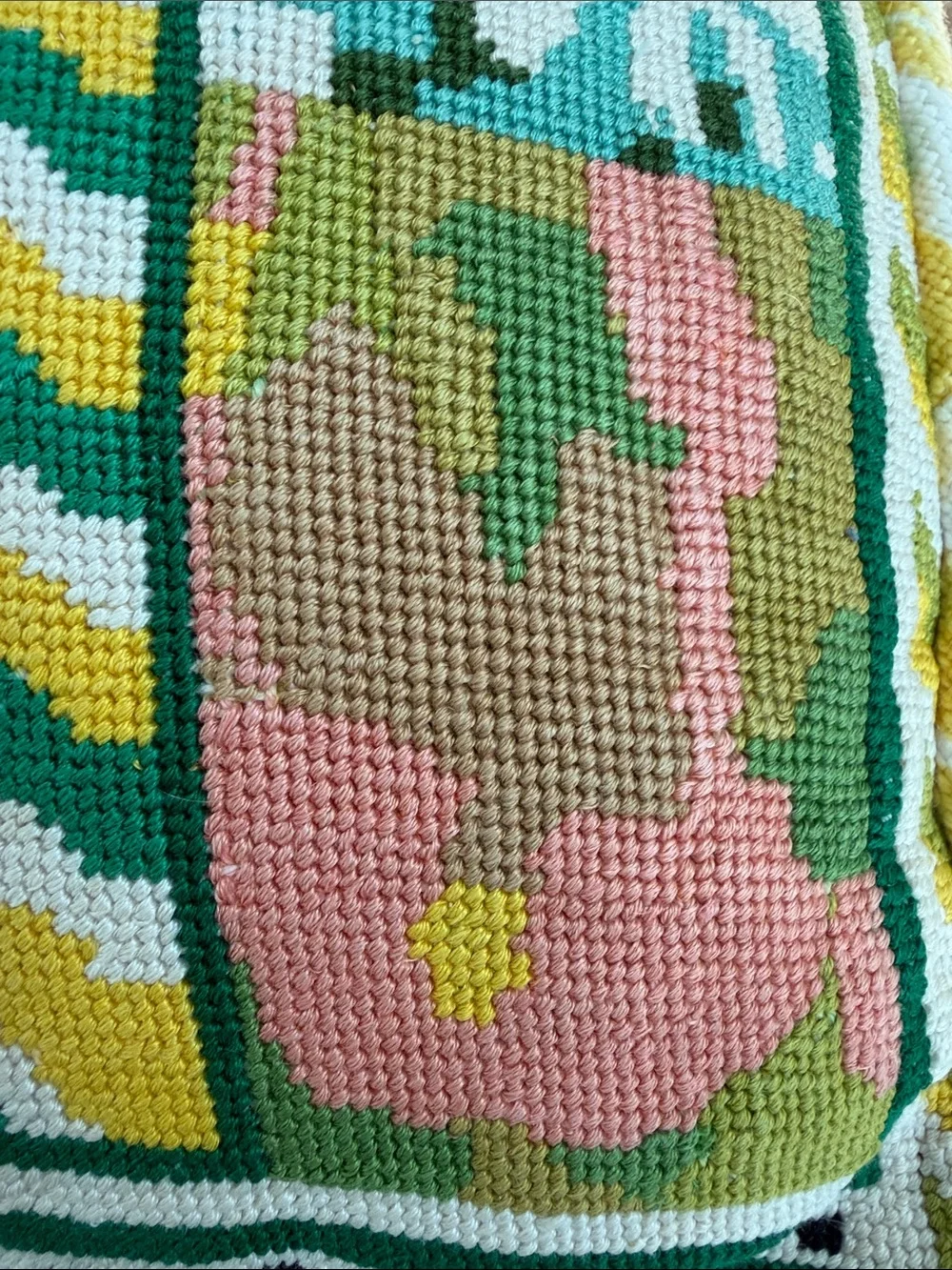 Vintage Needlepoint throw pillow Geometric Pattern w/floral botanical accents
